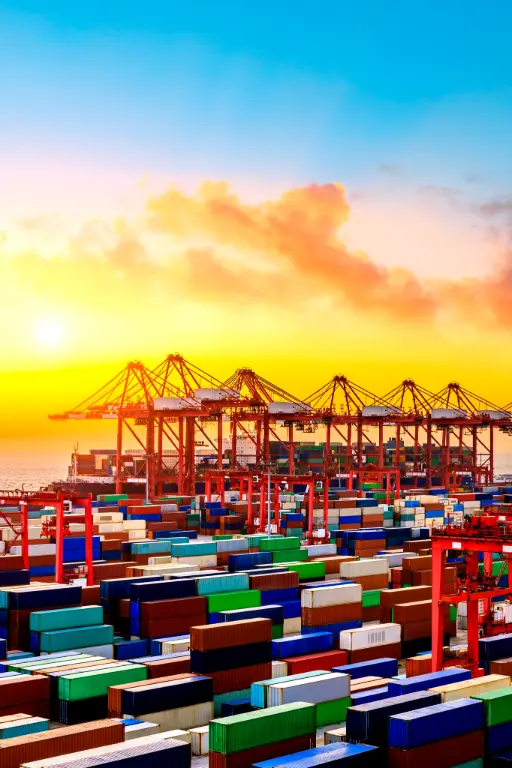 Container terminal at sunset with rows of multicolored shipping containers and large orange gantry cranes silhouetted against a yellow and orange sky