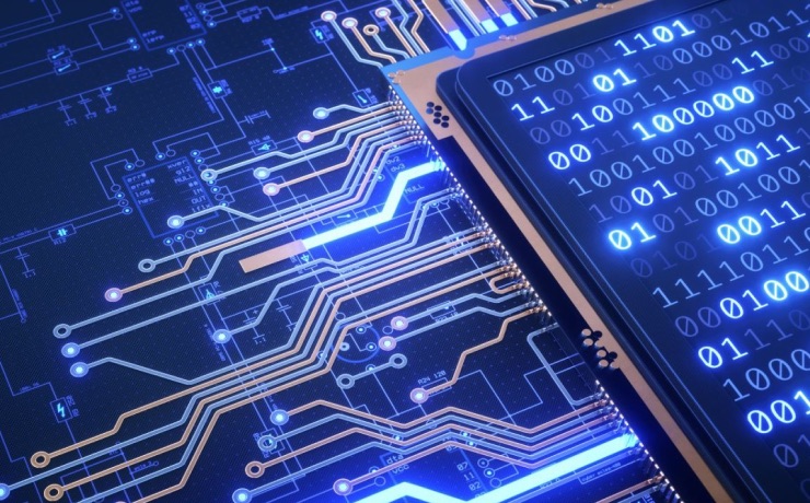 Circuit board close-up with glowing blue traces and binary code displayed on a digital screen, representing digital technology and data processing