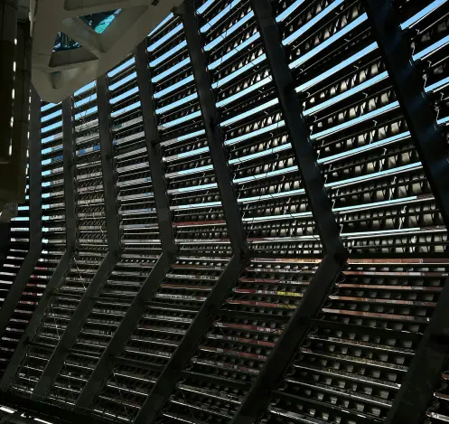 Server rack with multiple rows of network equipment and cables organized in parallel lines viewed at an angle