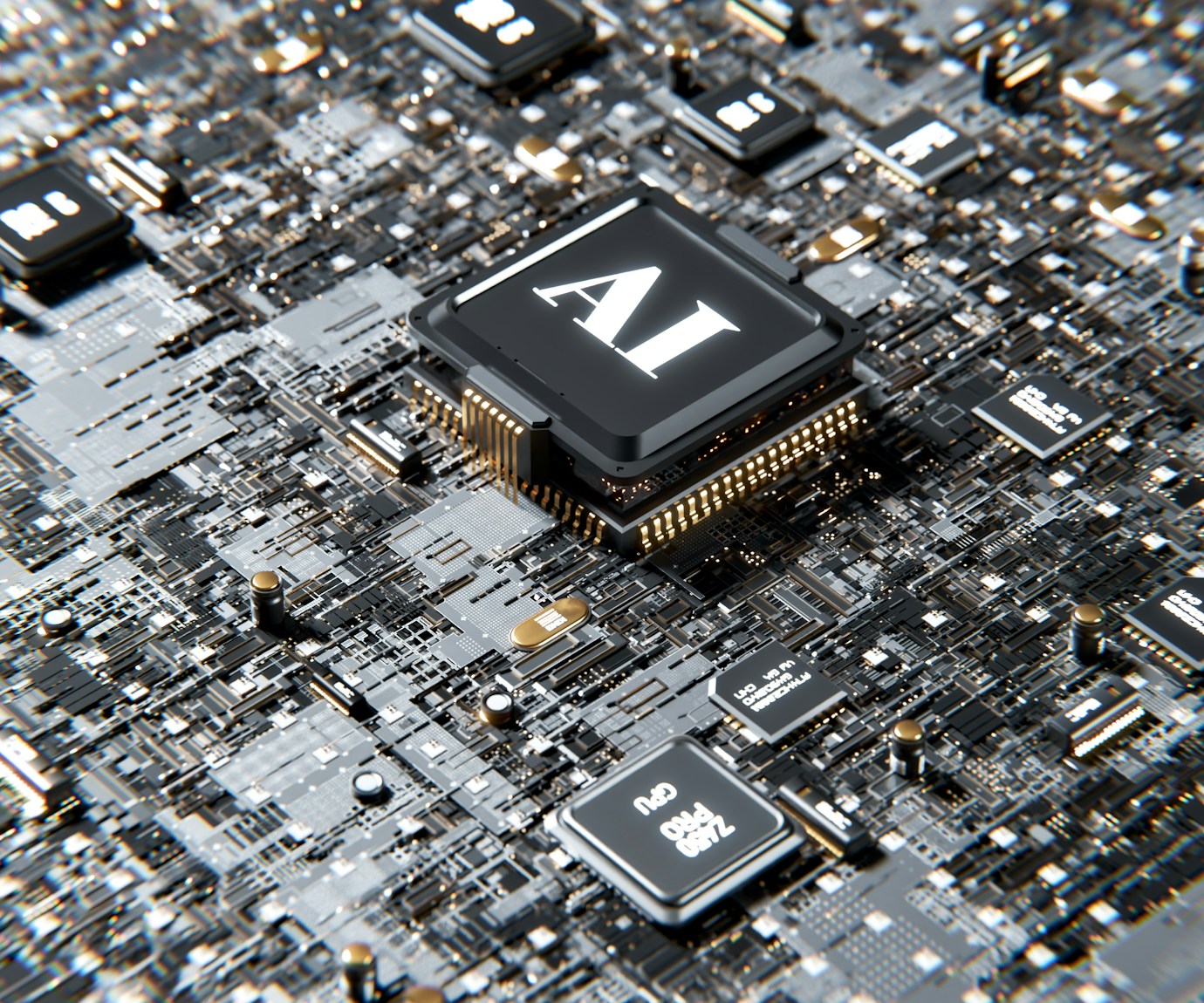 Close-up of a computer circuit board with a prominent AI processor chip in the center, marked with 'AI' text