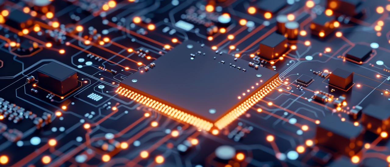 Close-up of an illuminated computer processor or integrated circuit on a printed circuit board, with glowing orange connection paths and components against a dark blue background